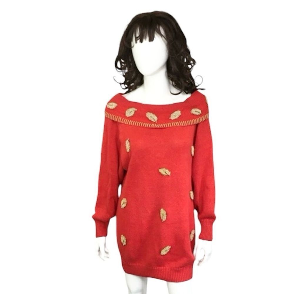 Vintage 80’s Victoria Harbour Red Leaf Beaded Tunic Ugly Christmas Sweater M